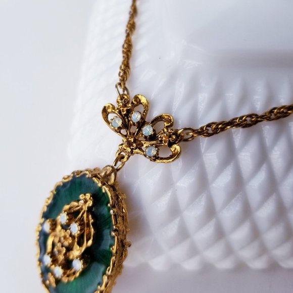 VTG LJM Emerald Green & Gold Enamel Necklace | Tassel Pendant | Mid-Century Glam - Picture 8 of 11
